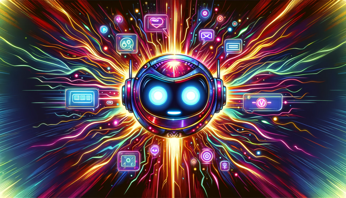 A 16:9 hand-drawn illustration showcasing a chatbot interface, stylized to look like it has superpowers. The interface is designed to appear as if it's glowing with energy, featuring vibrant colors and dynamic lines to suggest motion and power. The screen is filled with various icons and buttons that look futuristic and high-tech, each one pulsating with its own unique light. The background of the interface is a deep, rich color, contrasting with the bright, electric hues of the superpowered elements. The overall feel of the image should be one of advanced technology imbued with extraordinary capabilities.