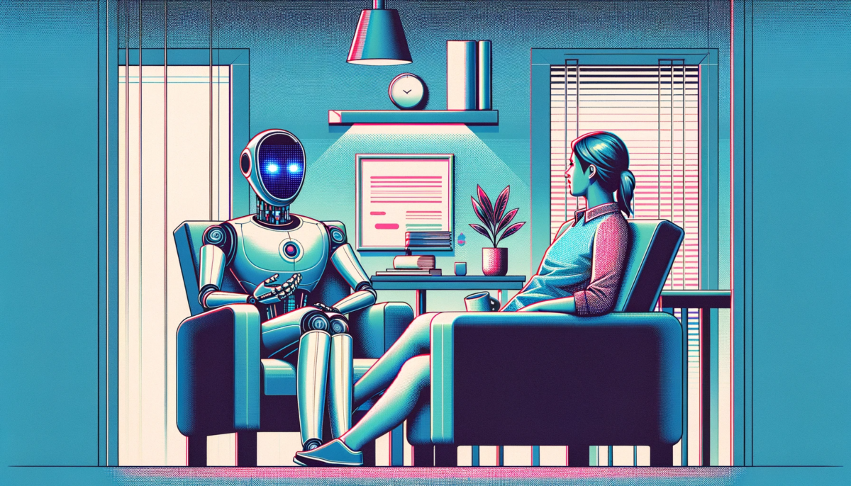 An editorial illustration in the style of "The Verge", featuring a chatbot depicted as a therapist in a clinical setting, with enhanced glitch effects. The chatbot has a sleek, modern design and is seated on a chair, facing a human reclining on a couch. The human is engaged in conversation with the chatbot, symbolizing a therapeutic session. The room includes elements like a small coffee table, a plant, and minimal decor. The illustration is now accentuated with more pronounced glitch effects, creating a strong digital and futuristic vibe, and emphasizing the integration of advanced technology in therapy. The image has a contemporary feel, focusing on the dynamic between human and AI in a therapeutic context, with a more vivid and noticeable glitch aesthetic.