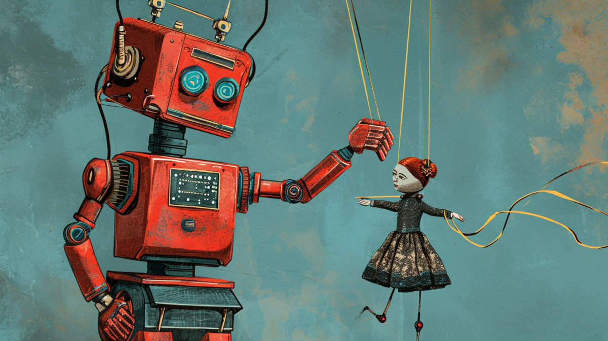 KI-Illustration eines roten Roboters, der eine Marionette steuert.