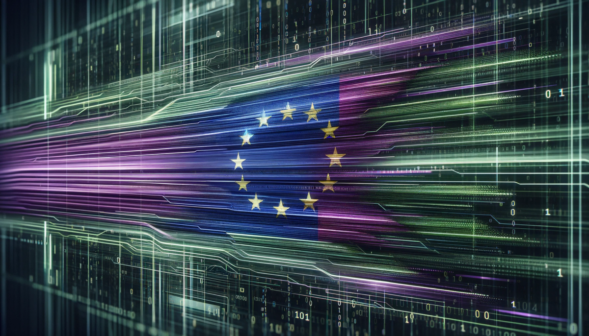 Widescreen photo of an advanced digital data stream, integrating the European flag, with the provided purple and green striped pattern overlayed as a transparent background. The flag is subtly blended into the stream of binary code and technological patterns. The design maintains a high-tech, clean aesthetic, with the colors of the flag and the overlaying pattern muted to harmonize with the digital background, creating a sophisticated and unified digital environment.