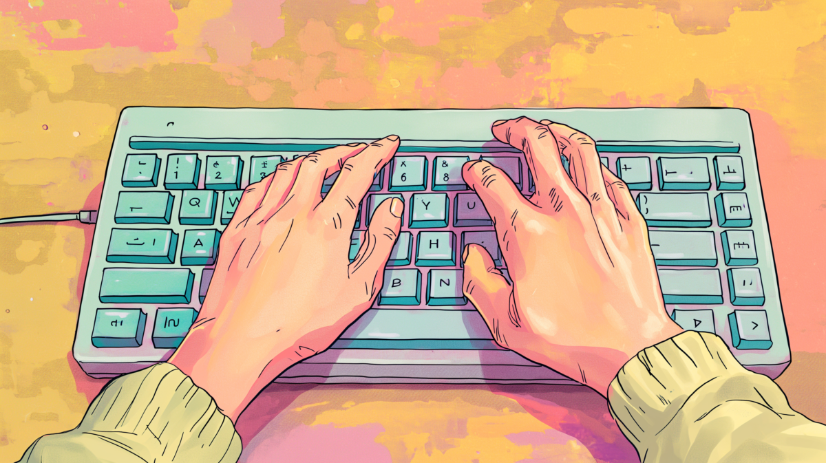A hand-drawn illustration of human fingers typing on a PC keyboard.