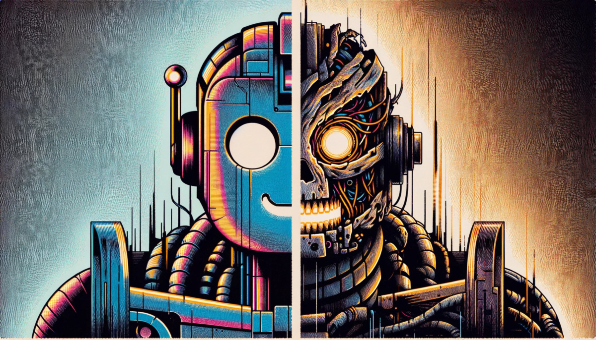 A widescreen, editorial hand-drawn illustration of a robot split down the middle, showcasing two contrasting sides. On one side, the robot appears friendly and helpful, characterized by a warm, inviting color palette and a gentle, approachable design. The other half of the robot transforms into a menacing doomsday machine, featuring sharp, aggressive lines and a dark, ominous color scheme. The entire image is rendered in a glitch style, emphasizing a chromatic aberration vibe that blurs and distorts the colors, enhancing the contrast between the two halves.
