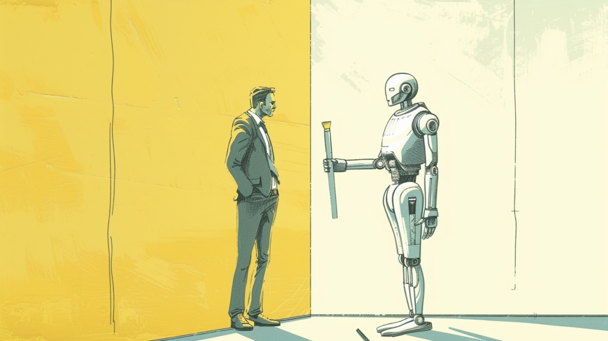 An editorial-style, hand-drawn modern illustration depicting a standoff between a robot painter and a human painter. The illustration is sophisticated and thought-provoking, with the standoff depicted realistically, yet subtly altered to suggest duplication and artificiality. The background is elegant and minimalist, focusing the viewer's attention on the standoff. The style is sophisticated and professional, suitable for an editorial context.