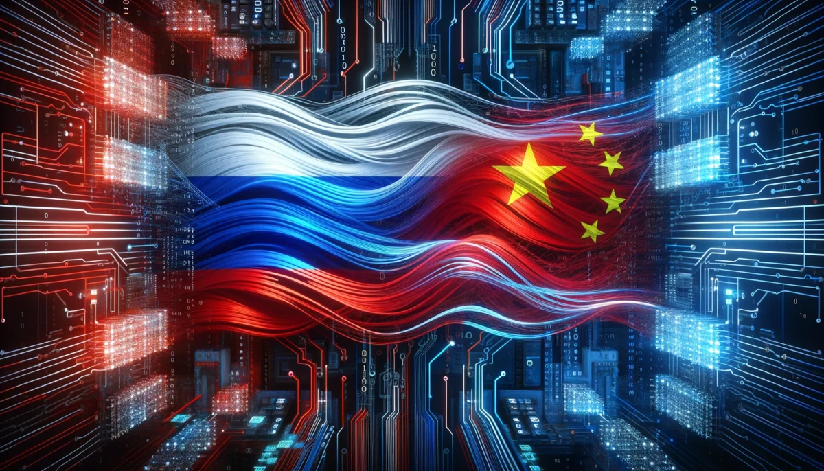 Create a widescreen image depicting an advanced AI digital data stream, subtly merging the Russian and Chinese flags. The Russian flag's white, blue, and red stripes and the Chinese flag's red field with yellow stars should be artistically woven into the digital environment, represented within the binary code, digital circuitry, and flowing data patterns. The overall design should maintain a high-tech, clean aesthetic, with the flag elements harmoniously integrated into the digital infrastructure, symbolizing the blend of these two nations with cutting-edge technology and data-driven progress.