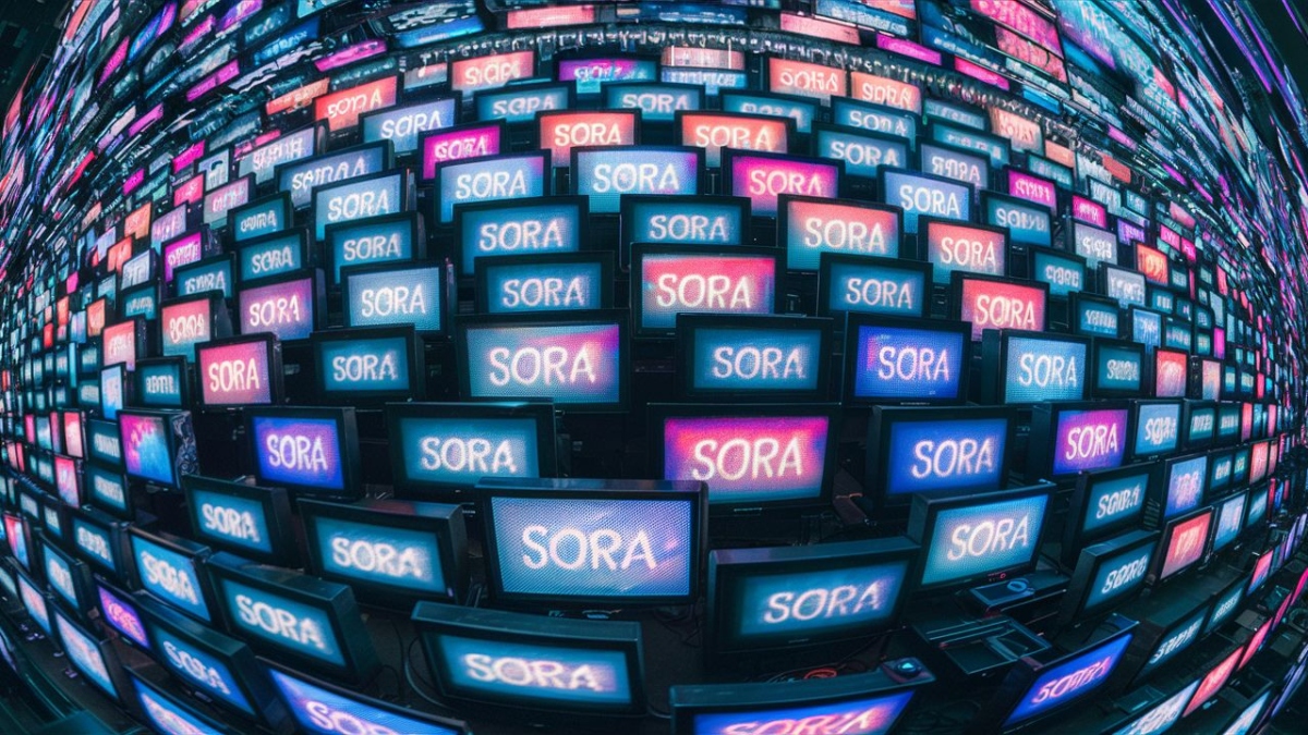 The name "SORA" flickering on hundreds of TV screens, frontal DLSR shot with a glitch aesthetic vibe