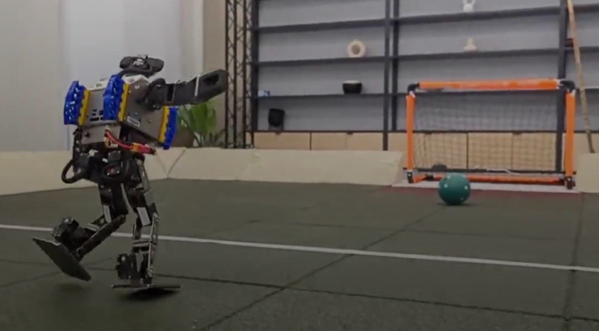 Ein Roboter setzt zum Torschuss an, Fotografie