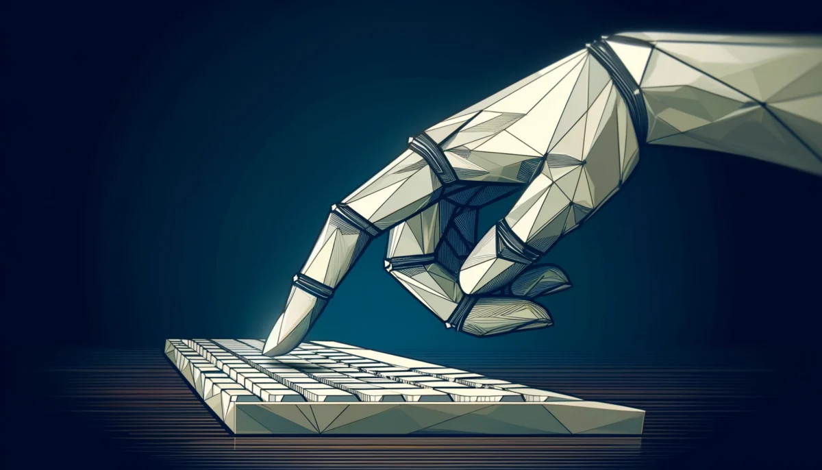 A wide aspect ratio illustration of a robot forefinger tipping on a keyboard, meticulously rendered in a unique polygon-art style using triangles, creating an abstract and geometric appearance. The minimalist background focuses on the elegance and intricate details of the design, drawing the viewer's eye to appreciate the intricacies. This captivating scene highlights the beauty of geometric art in a simple yet profound way.