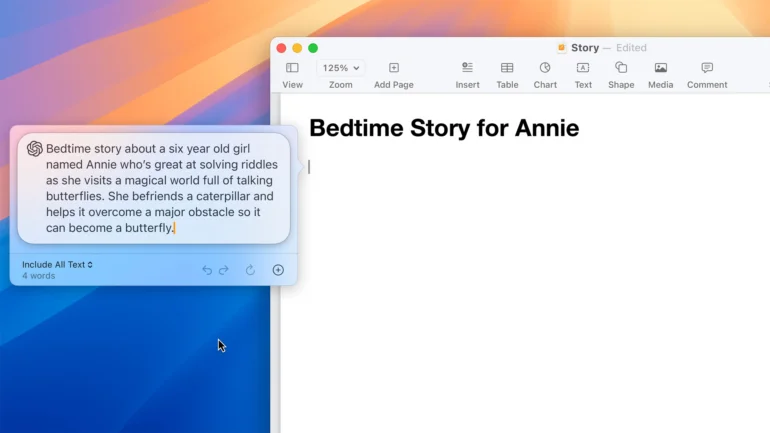 ChatGPT ist direkt in den Schreibwerkzeugen von macOS verfügbar und hilft bei der Erstellung von Inhalten. Auch die Bildgenerierung ist direkt verfügbar.