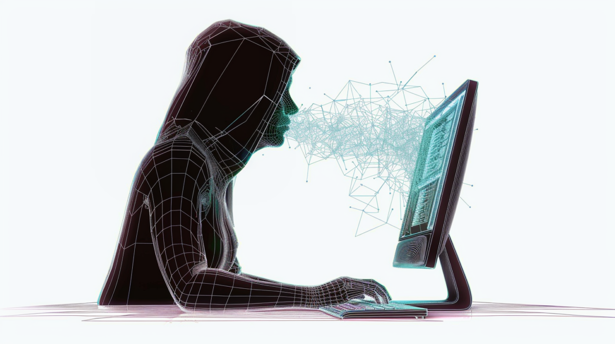 wireframe art of a hacker wearing a hoodie whispering to a monitor