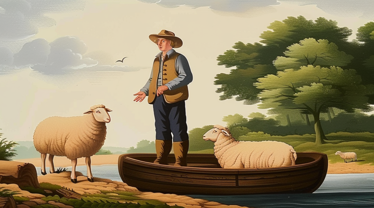 illustration of a farmer with two sheep standing in front of a small boat trying to cross the river