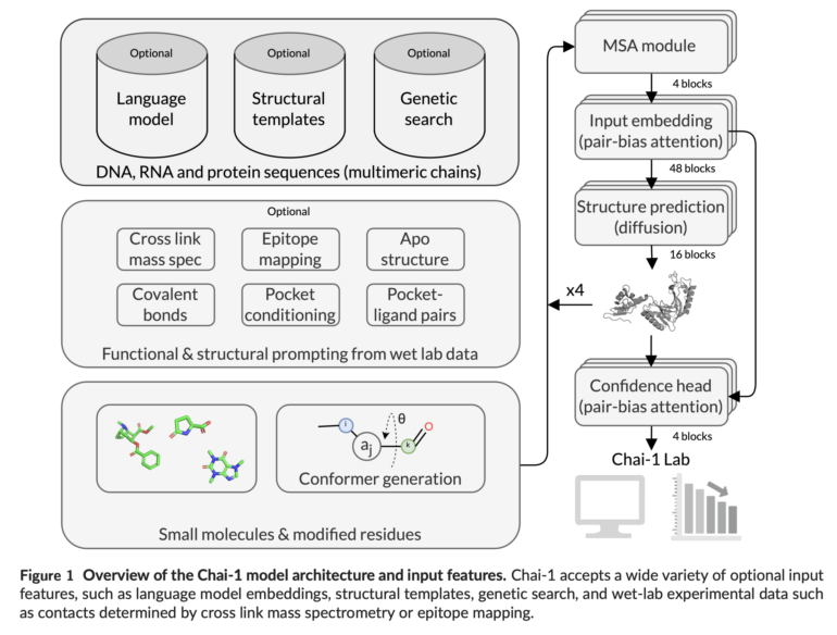 Schematische Darstellung der Chai-1-Modellarchitektur mit verschiedenen Eingabedatentypen wie Sprachmodell-Embeddings, Strukturvorlagen und experimentellen Daten