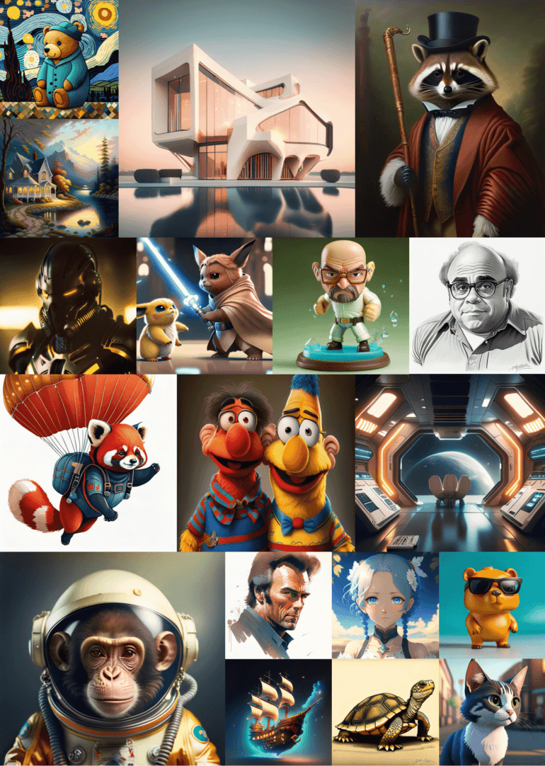 KI-Bildcollage mit verschiedenen Motiven, darunter einem Teddybär im Stile Van Goghs, futuristische Architektur, Cartoon-Figuren, Sci-Fi-Charaktere und anthropomorphe Tiere.