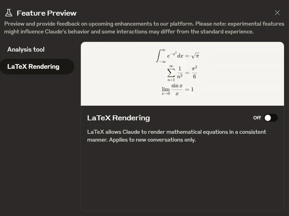 Screenshot: LaTeX-Rendering-Feature mit mathematischen Beispielformeln, inkl. Integral- und Summenzeichen.