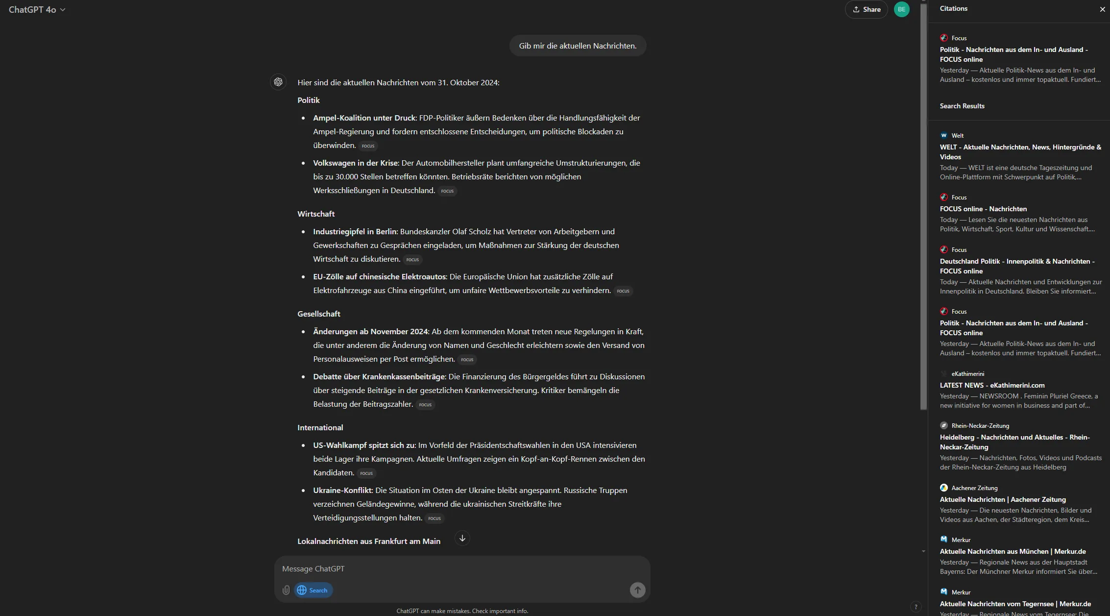 ChatGPT-Interface mit integrierter Suchleiste, blauem Globus-Icon und deutscher Nachrichtenübersicht im Hauptbereich.