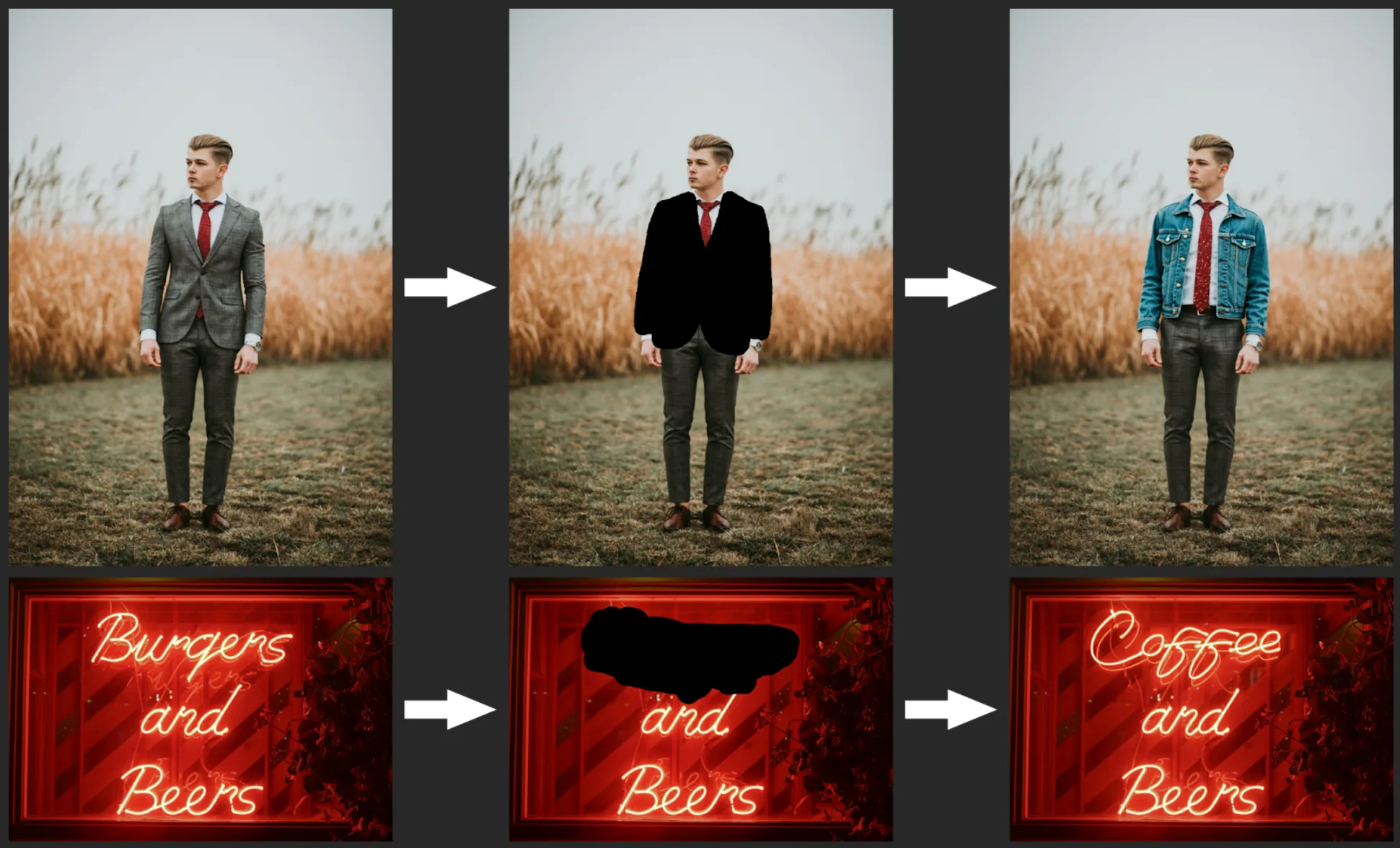 Dreistufige Bildtransformation: Business-Outfit wird schrittweise casual, darunter Neonschild-Änderung von