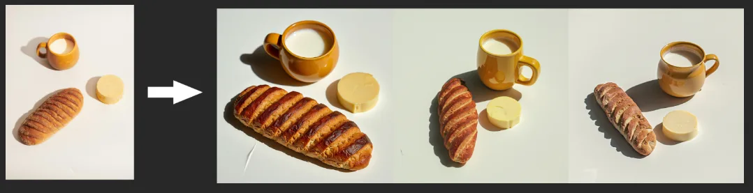 Bildsequenz: Minimalistisches Stilleben mit Kaffeetasse und Brot in verschiedenen Perspektiven und Beleuchtungsvariationen.