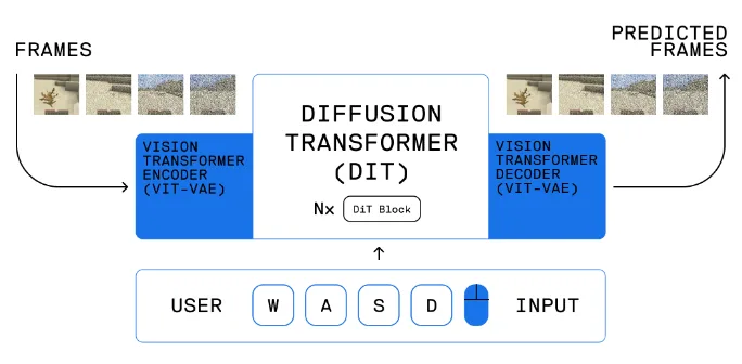 Flussdiagramm: Diffusion Transformer (DiT) Architektur mit Vision Transformer Encoder/Decoder und WASD-Nutzereingabe.