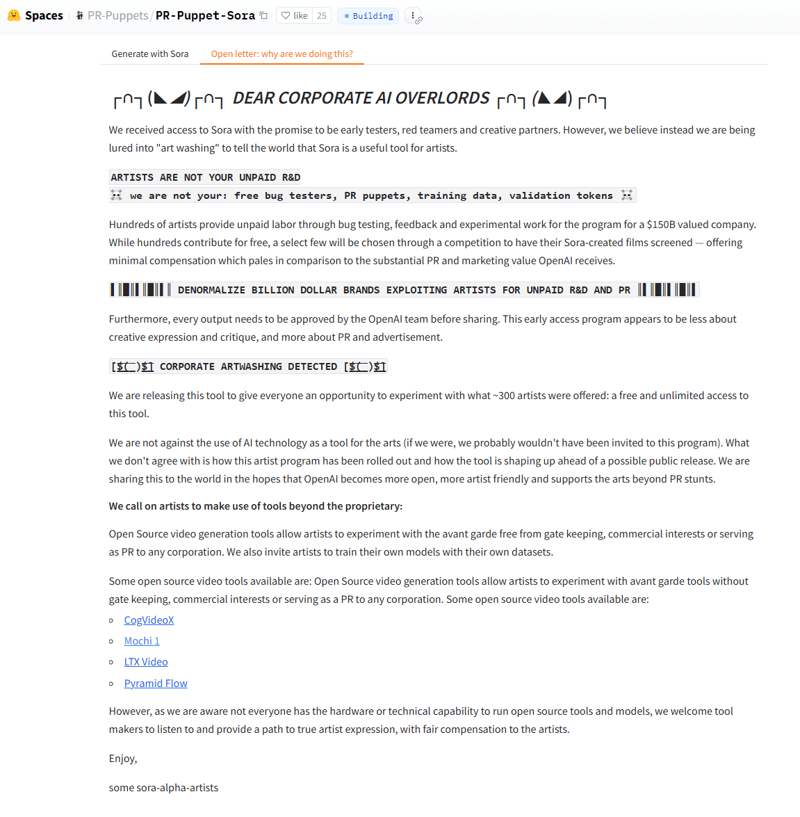 Screenshot of a protest letter with ASCII art header, criticizing OpenAI's Sora program and listing open-source alternatives.