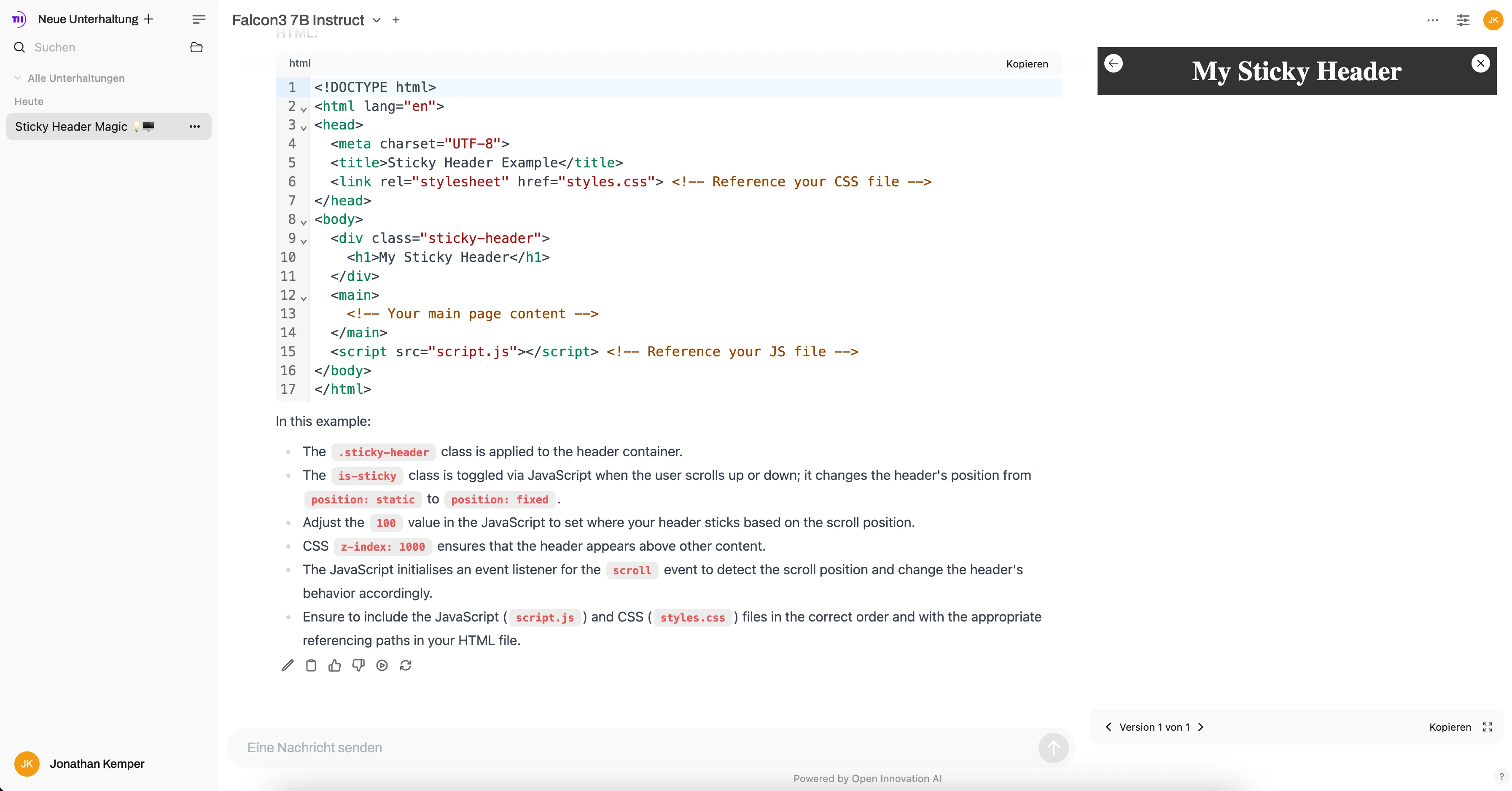 KI-Chatbot mit Code-Editor zeigt HTML-Struktur für sticky Header mit zugehörigen CSS- und JavaScript-Referenzen sowie Implementierungshinweisen.