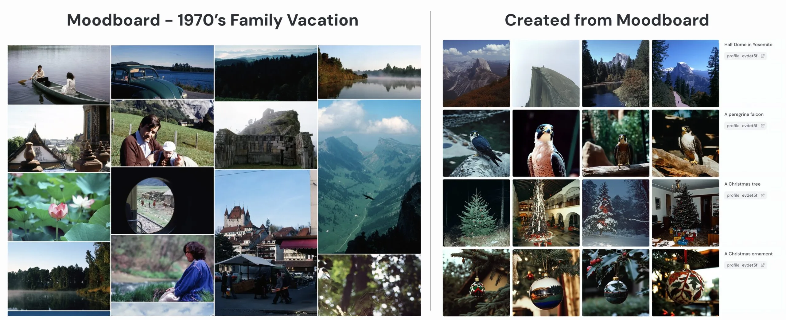Moodboard mit 1970er Urlaubsfotos: Kanu, VW Käfer, Berge, Seen, Naturszenen, europäische Architektur und Weihnachtsdekorationen.