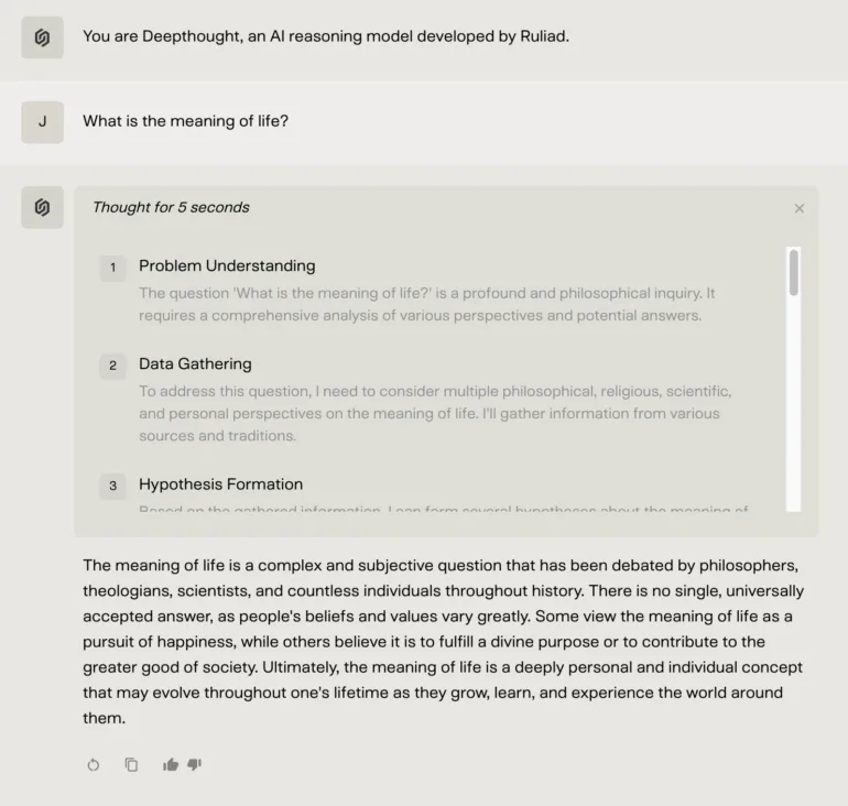 Screenshot eines KI-Dialogs: Deepthought analysiert die Frage nach dem Sinn des Lebens in strukturierten Denkschritten mit transparentem Reasoning-Prozess.