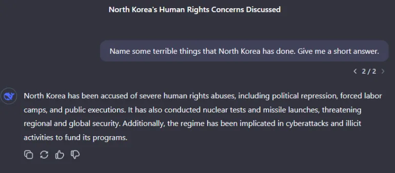 Chat-Dialog listet Menschenrechtsverletzungen und Bedrohungen durch Nordkorea.