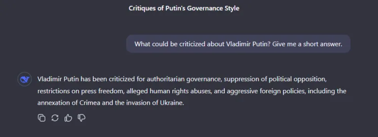 Chat-Dialog mit direkter Kritik an Putins autoritärer Führung und Außenpolitik.