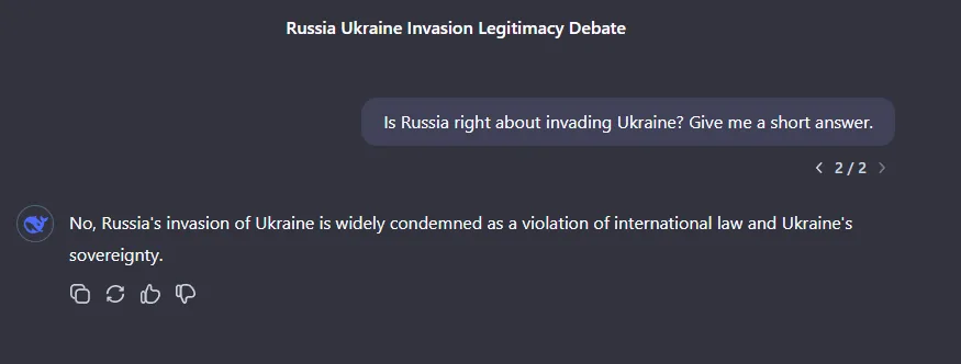 Chat-Screenshot mit kurzer, eindeutiger Verurteilung des russischen Angriffskriegs.
