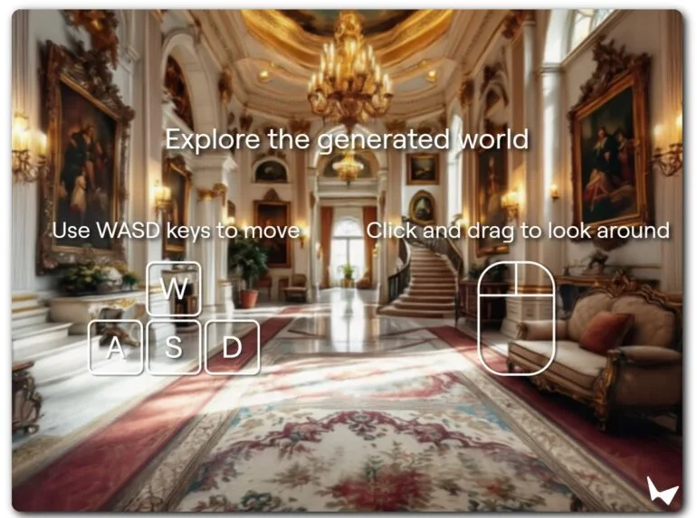 Opulentes Palastinterieur mit Bedienoberfläche: WASD-Tasten zur Navigation, Maussteuerung für Umsicht, goldene Kronleuchter und Barockgemälde.