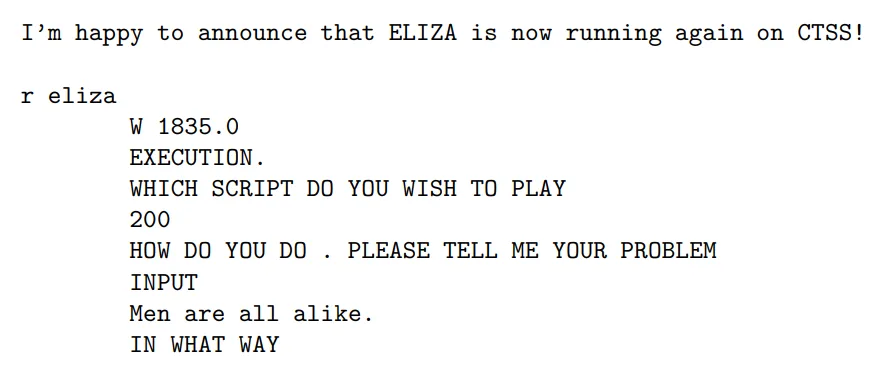 Terminalausgabe des ELIZA-Chatbots auf CTSS mit Versionsnummer 1835.0, zeigt Dialog über "Men are all alike" mit typischer Rückfrage.