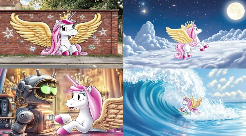 Vier KI-generierte Illustrationen eines Einhorns im Lissy PONY Markenstil: Als Straßenkunst, in Fantasiewelt, mit Roboter und auf Meereswelle.