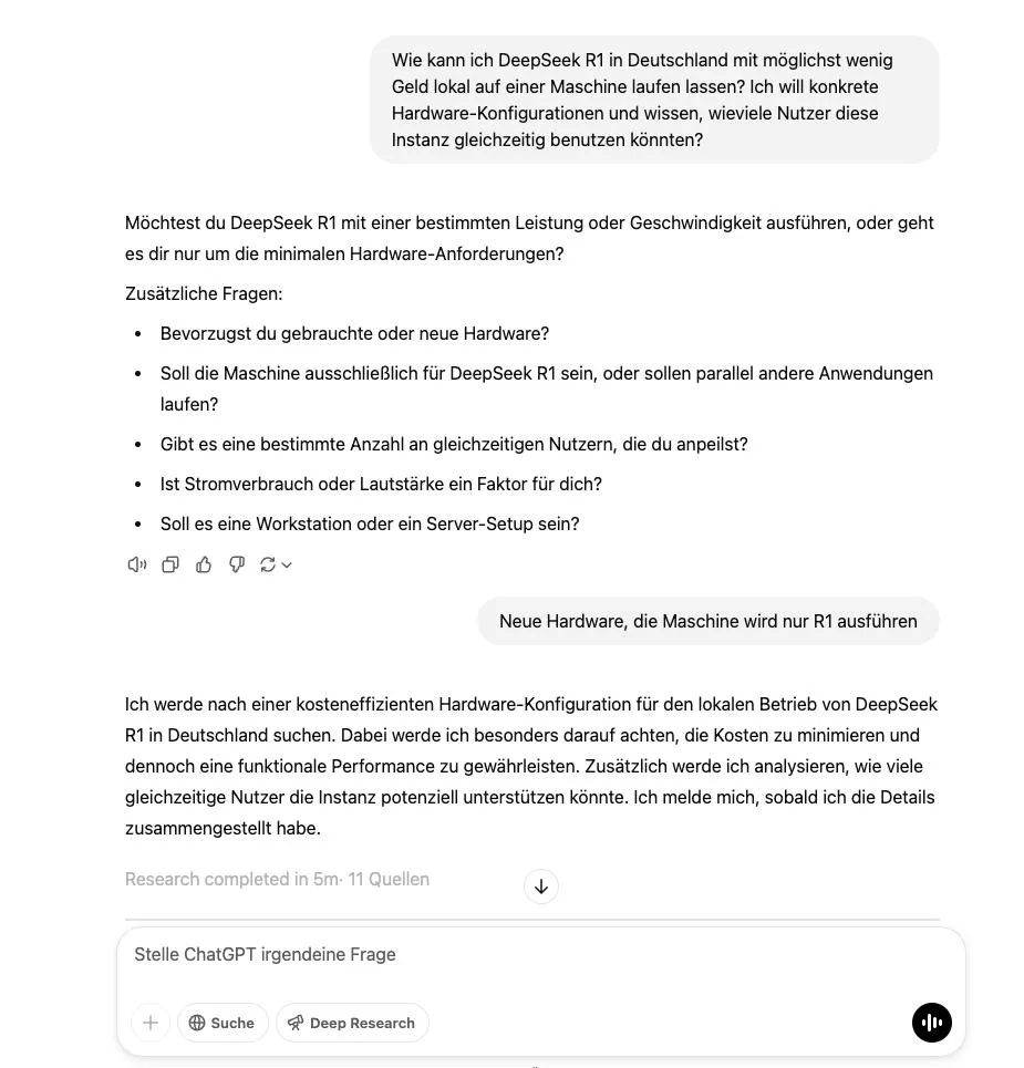 Demo: OpenAI Deep Research "DeepSeek R1 Konfiguration"