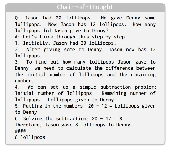 Q: Jason had 20 lollipops. He gave Denny some lollipops. Now Jason has 12 lollipops. How many lollipops did Jason give to Denny? A: Let’s think through this step by step: 1. Initially, Jason had 20 lollipops. 2. After giving some to Denny, Jason now has 12 lollipops. 3. To find out how many lollipops Jason gave to Denny, we need to calculate the difference between the initial number of lollipops and the remaining number. 4. We can set up a simple subtraction problem: Initial number of lollipops - Remaining number of lollipops = Lollipops given to Denny 5. Putting in the numbers: 20 - 12 = Lollipops given to Denny 6. Solving the subtraction: 20 - 12 = 8 Therefore, Jason gave 8 lollipops to Denny. #### 8 lollipops