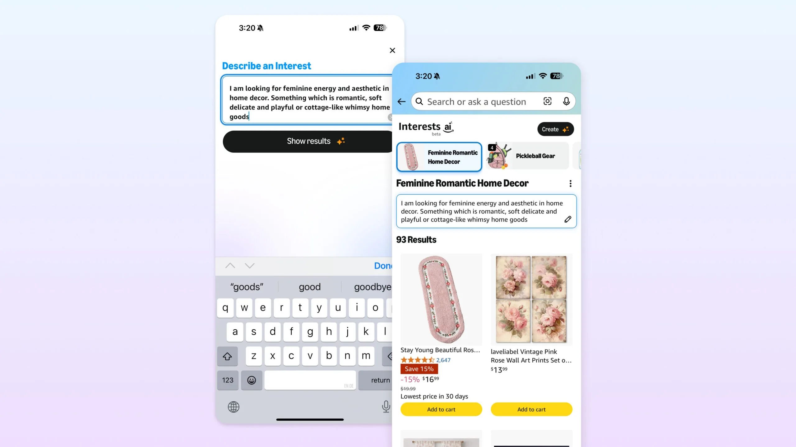 Screenshots der Amazon-App mit Interesse-Eingabefeld und personalisierten Inhalten zum Thema 