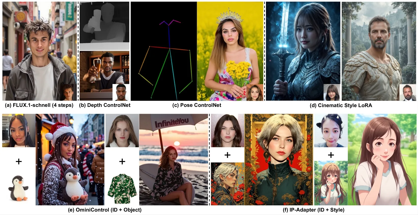 InfiniteYou erlaubt Kombination von Eingabe-ID und -Stil zum Erzeugen angepasster Ausgabebilder. 