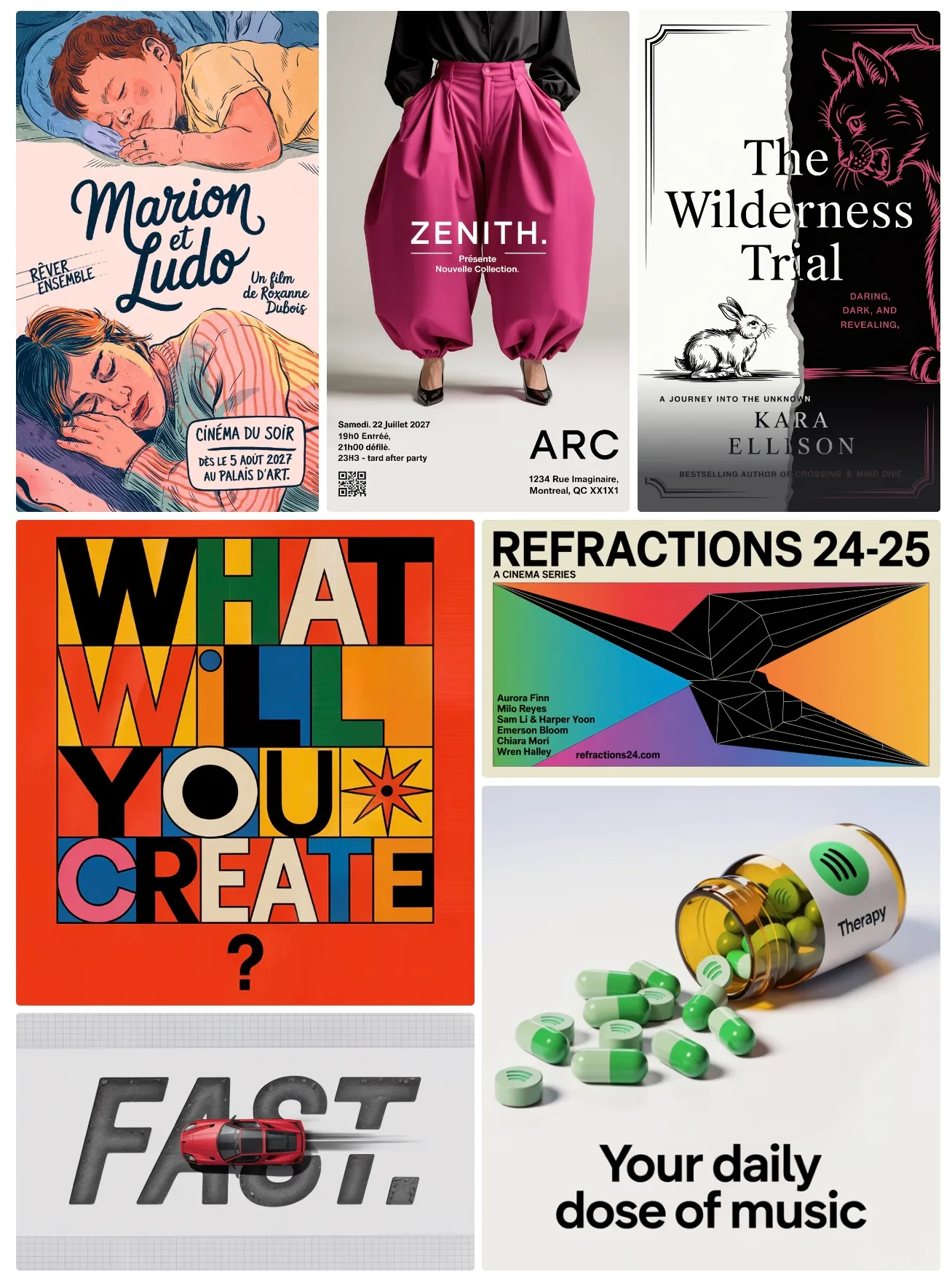 Collage mit sechs verschiedenen Plakaten/Werbematerialien: Filmplakat, Kunstbuchcover, Mode-Event, Musik-Streaming, Konferenzankündigung, Medikamentenillustration