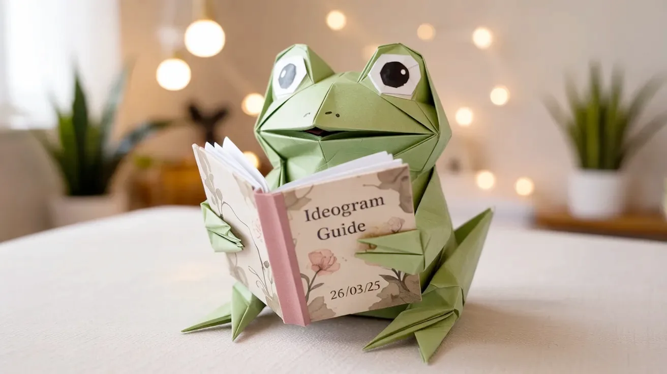  Grüner Frosch liest gebannt in einem aufgeschlagenen Buch mit dem Titel 