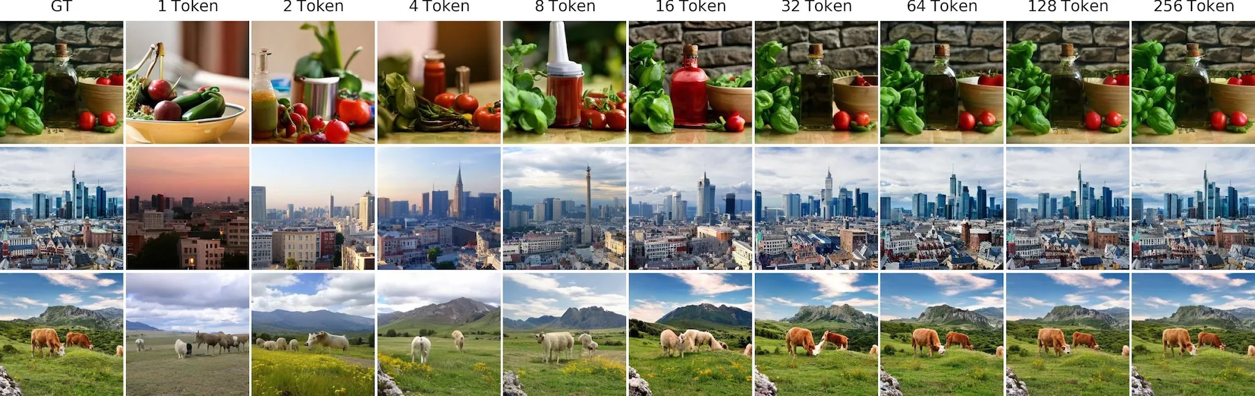  Schrittweise Bildrekonstruktion von drei Szenen (Stillleben, Stadtbild, Weide) mit zunehmender Token-Anzahl von 1 bis 256.