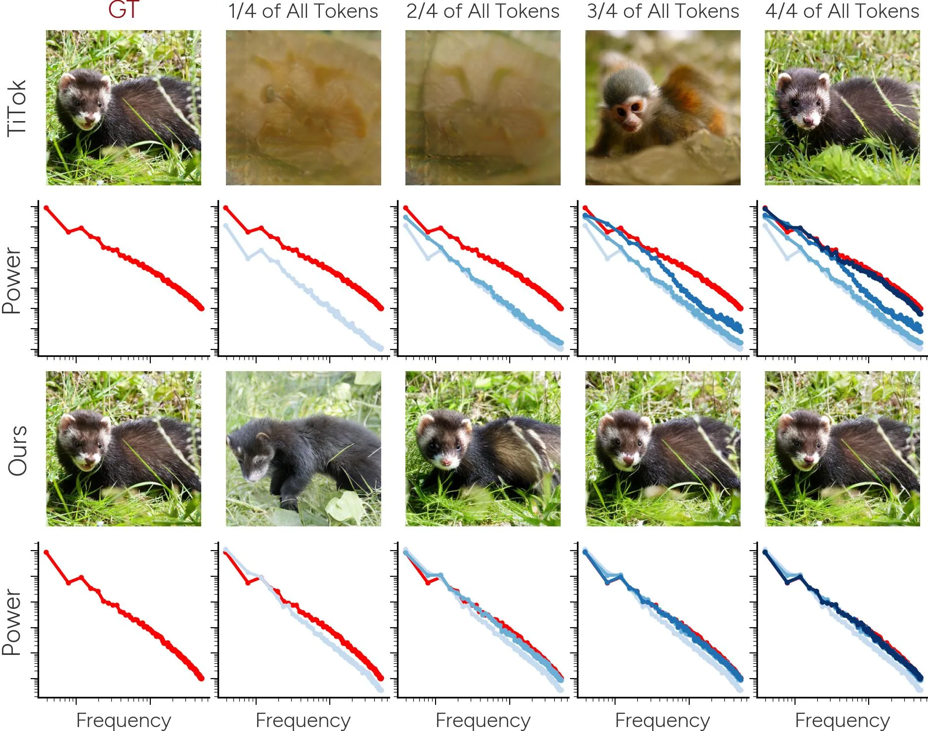 Zunehmend detailliertere Rekonstruktionen desselben Bildes mit entsprechenden Frequenzleistungsplots zur Veranschaulichung der semantisch-spektralen Kopplung