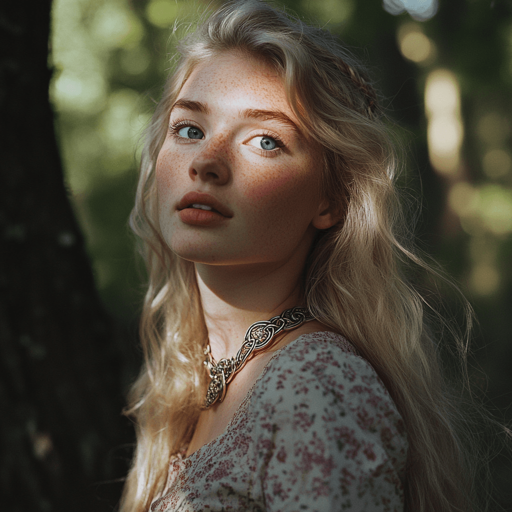 A portrait photo of a young woman with blonde hair blue eyes and a traditional celtic brace
