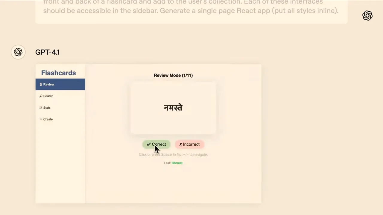 Benutzeroberfläche einer Lernkarten-App mit Seitenleiste, Hauptbereich zeigt Hindi-Schriftzeichen und Bewertungsbuttons für Review-Modus.