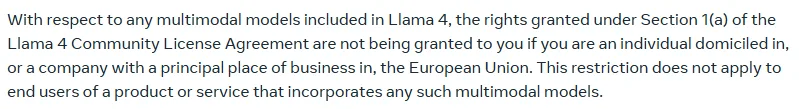 Screenshot: Auszug aus der Llama-Lizenzbestimmung, die besagt, dass Entwickler in der EU Llama 4 nicht verwenden dürfen.