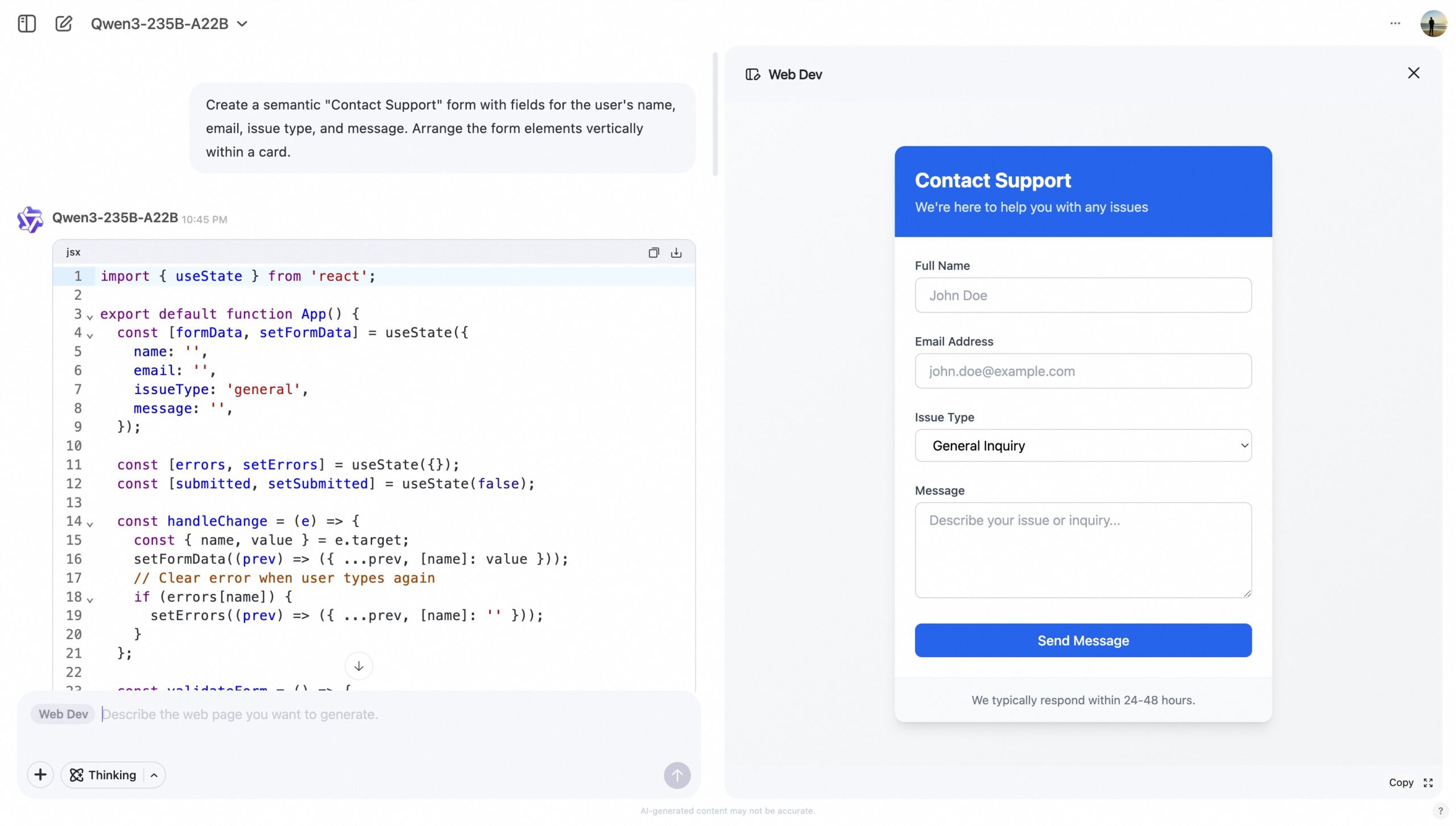 Qwen Web Dev: Prompt für Kontaktformular generiert React-Code und eine Vorschau eines strukturierten Support-Formulars in Kartenansicht.