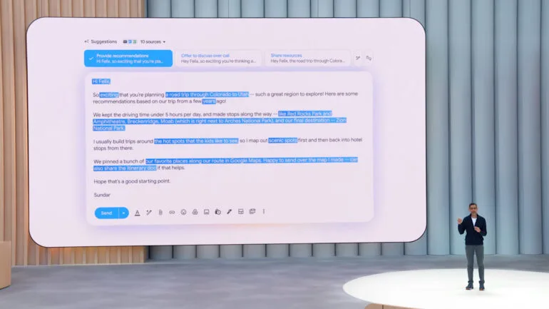 Sundar Pichai's example of an AI-generated email reply at Google I/O 2025.