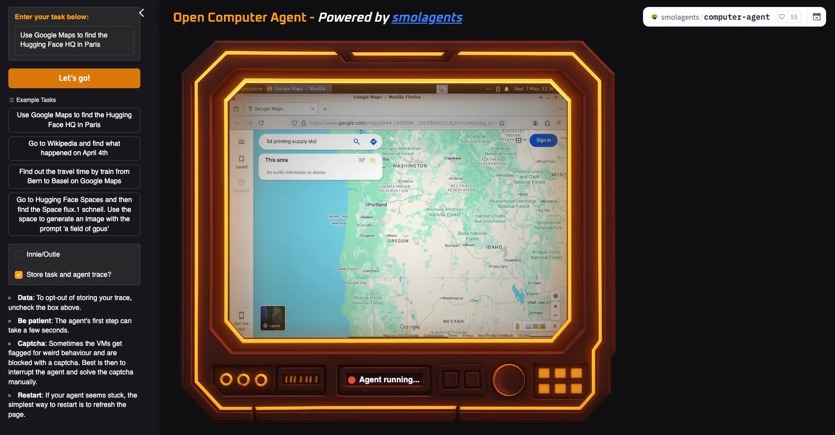  Benutzeroberfläche des Open Computer Agent mit Eingabefeld für Aufgaben und Anzeige der Agenten-Aktivität in Google Maps.