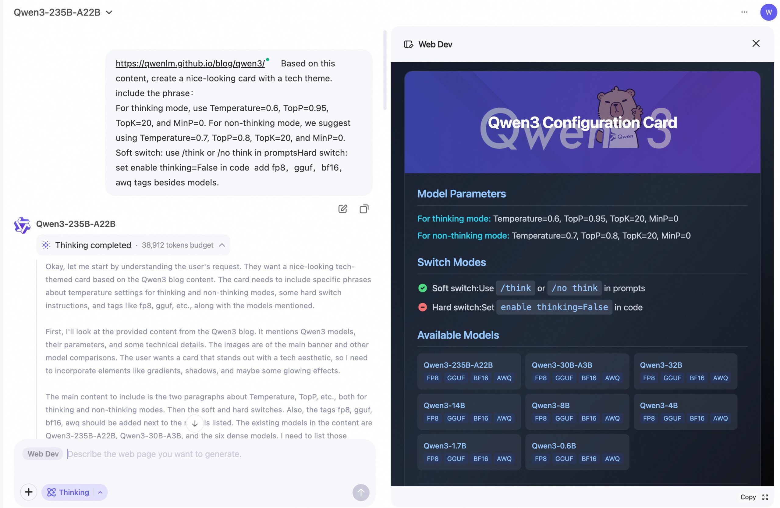 Qwen Web Dev: Technischer Prompt generiert eine Qwen3-Konfigurationskarte mit Modellparametern und Schalteroptionen als Visualisierung.