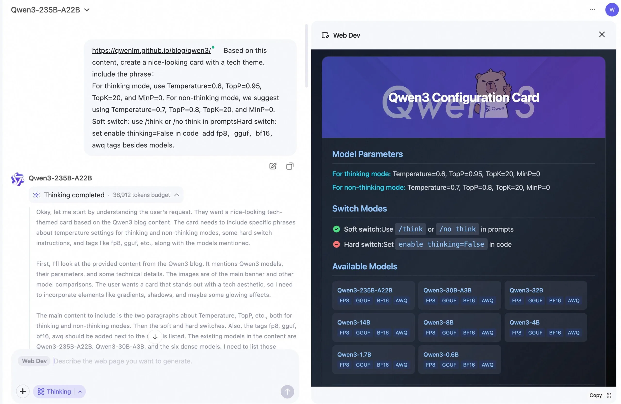  Technischer Prompt generiert eine Qwen3-Konfigurationskarte mit Modellparametern und Schalteroptionen als Visualisierung.