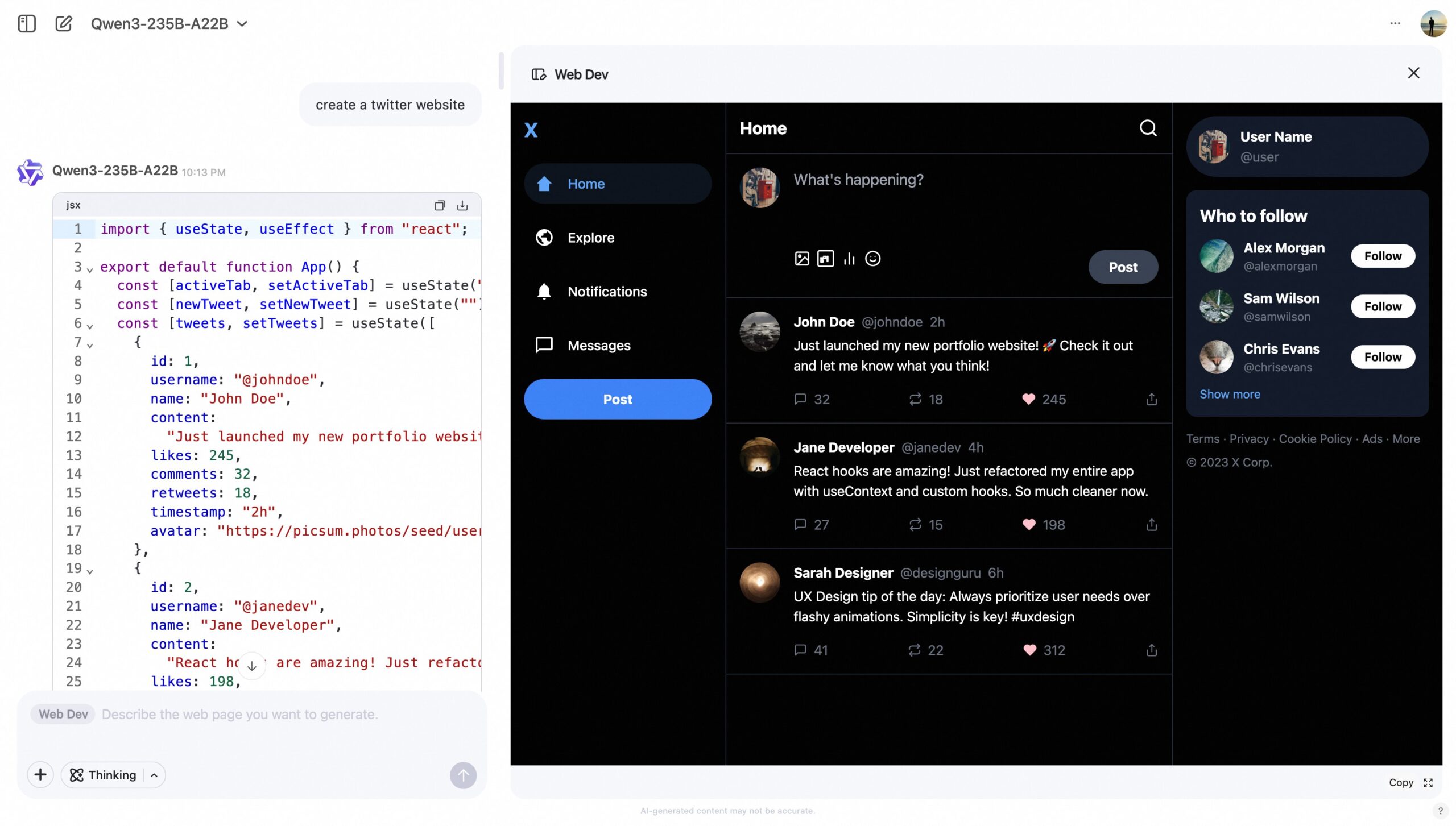 Qwen Web Dev Interface: Prompt