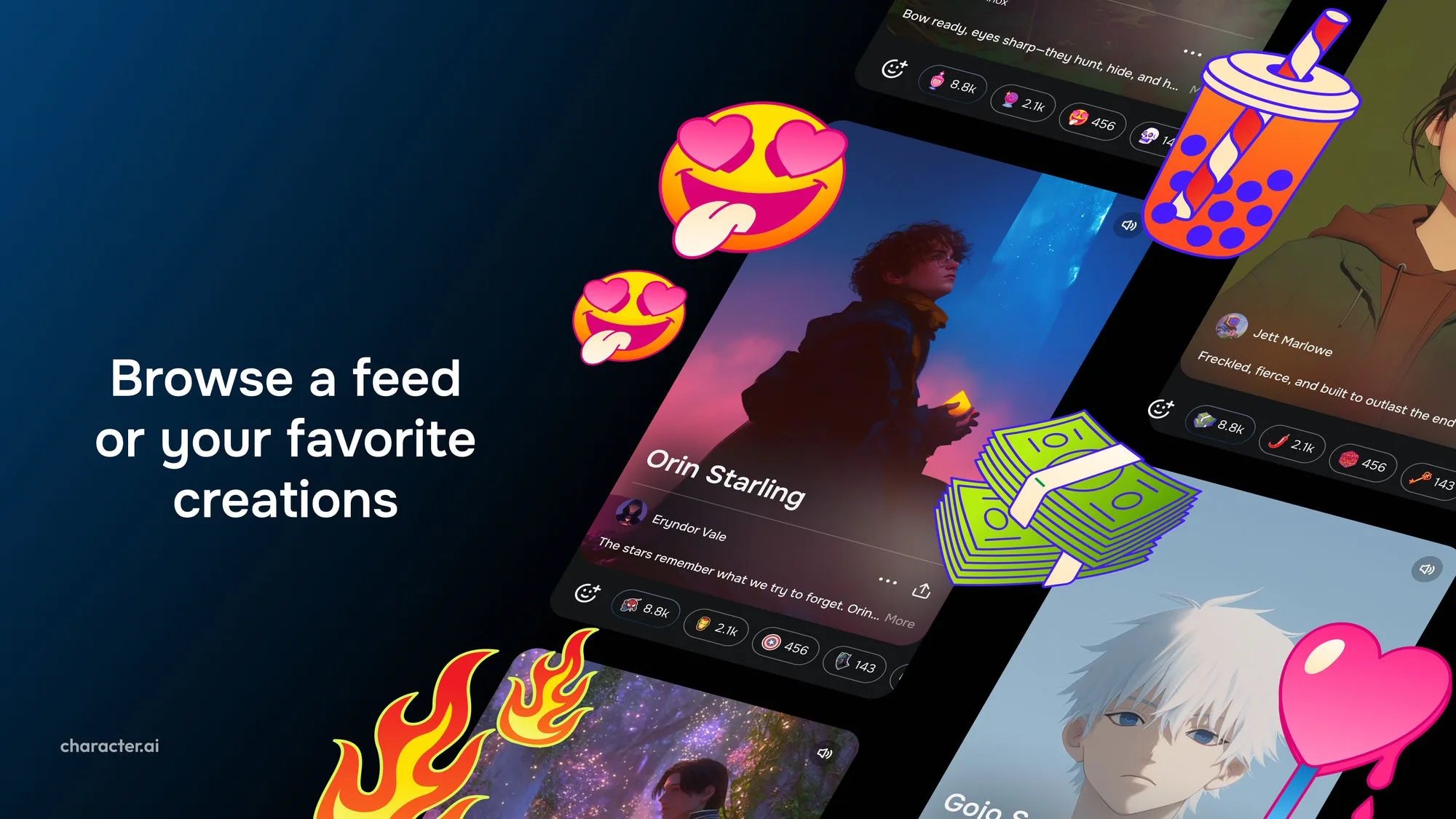 Screenshot: Character.ai App-Oberfläche mit einem Feed von KI-Charakteren wie