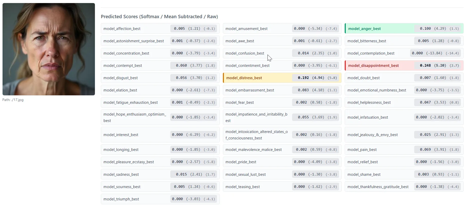 Nahaufnahme einer besorgt wirkenden Frau und Tabelle mit Emotionsvorhersagen, hohe Scores für Enttäuschung, Distress, Ärger.